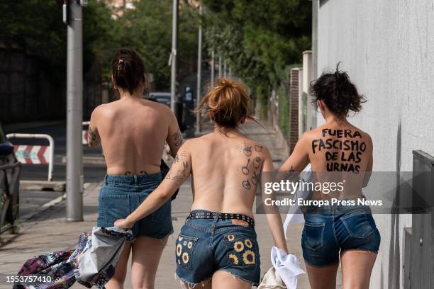 Femen activists during a protest in front of the national headquarters of Vox, on 18 July, 2023 in Madrid, Spain. During the action, the activists of...