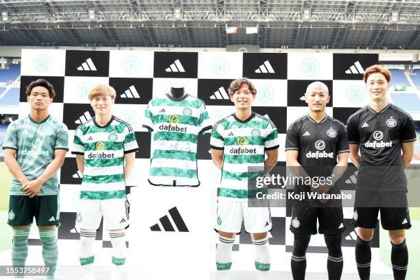 Reo Hatate and Kyogo Furuhashi and Tomoki Iwata and Daizen Maeda and Yuki Kobayashi of Celtic pose adidas presents CELTIC FC JAPAN TOUR 2023 Special...