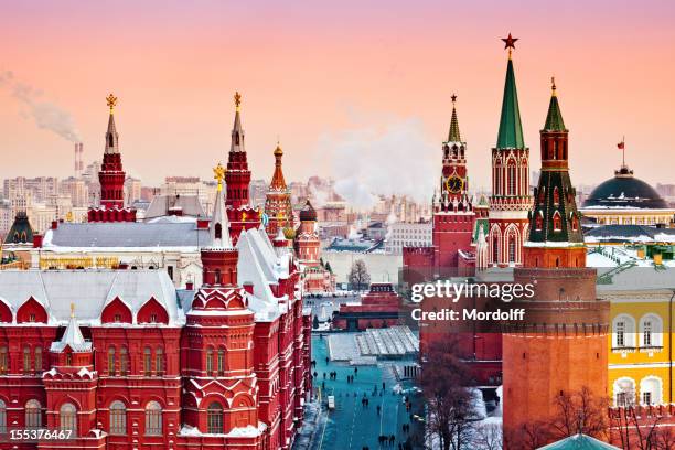 red moscow at winter sunset - russia architecture stock pictures, royalty-free photos & images