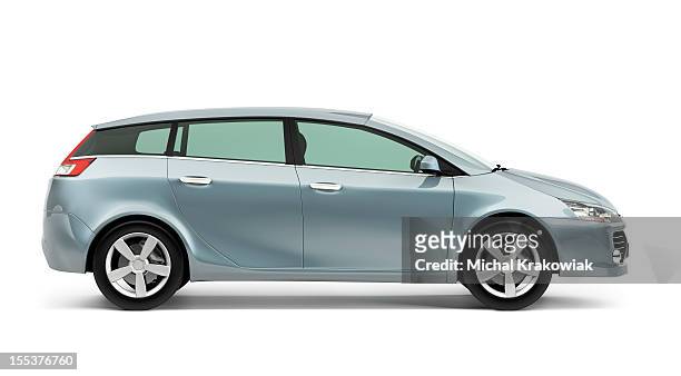 side of silver modern compact car on a white background - land vehicle stock pictures, royalty-free photos & images