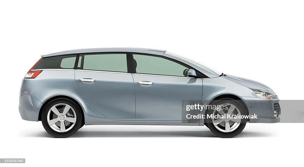 Lado de prata moderno carro compacto em um fundo branco