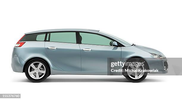 side of silver modern compact car on a white background - stationary 個照片及圖片檔