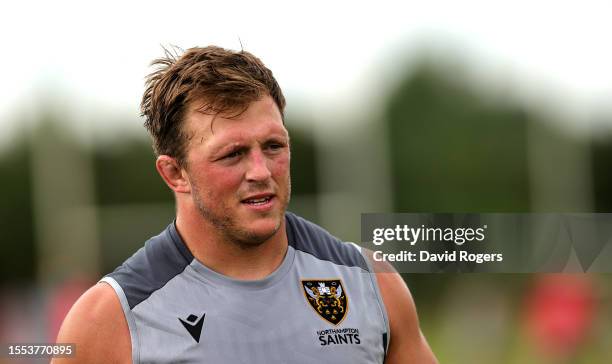 Alex Waller looks on during the Northampton Saints training session held at Franklin's Gardens on July 18, 2023 in Northampton, England.