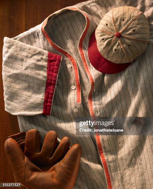 old-time wool baseball uniform with cap and glove - baseball uniform stock pictures, royalty-free photos & images