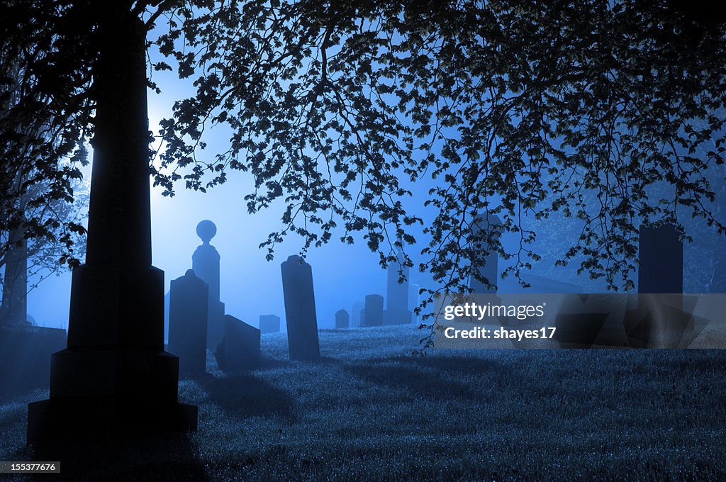 Spooky blue graveyard