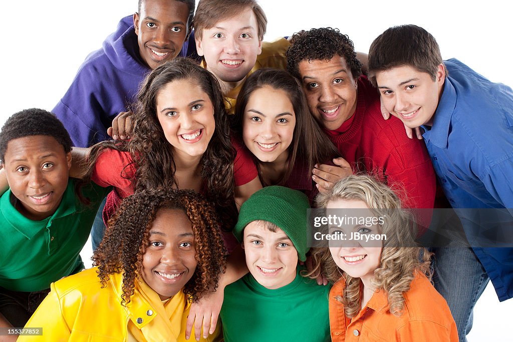 Diverse Teenagers: Multi-Racial Group Together Colorful Friendship