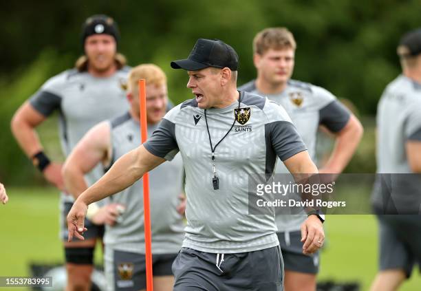 Lee Radford, the Northampton Saints assistant coach looks on during the Northampton Saints training session held at Franklin's Gardens on July 18,...