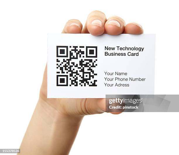 hand holding a new technology business card with scan code - business card stock pictures, royalty-free photos & images