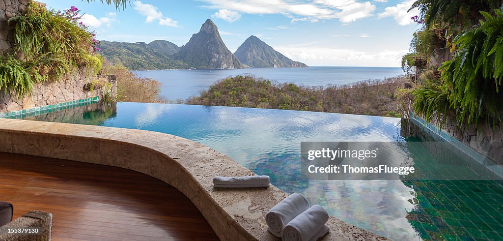 Beautiful view of St. Lucias Twin Pitons from Jade Mountain
