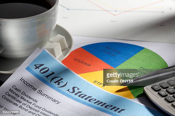 retirement account statement and pie chart - mutual fund stock pictures, royalty-free photos & images