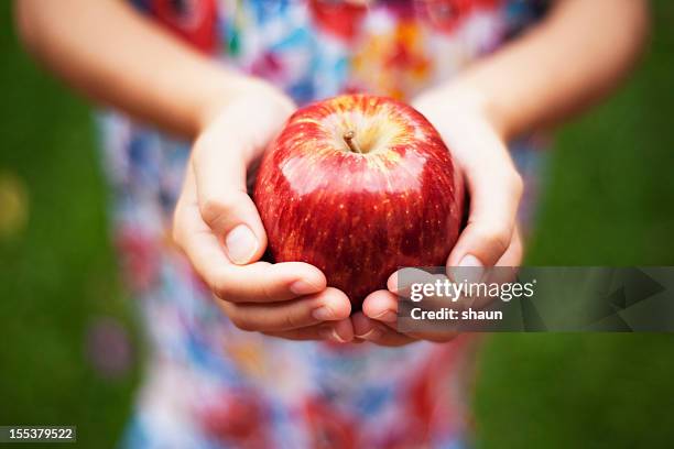 mädchen hält einen apfel - child holding apples stock-fotos und bilder