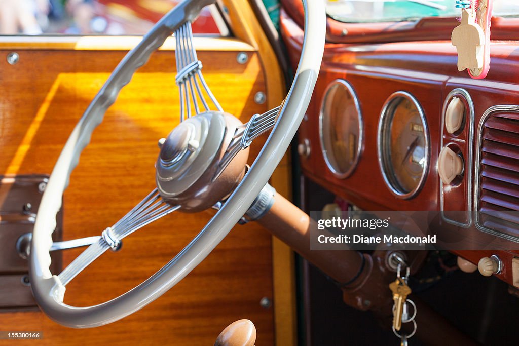 Steering wheel and dashboard of a vintage car