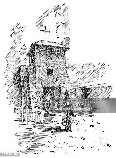 san miguel mission chapel in santa fe, new mexico, united states - 19th century - adobe stock illustrations