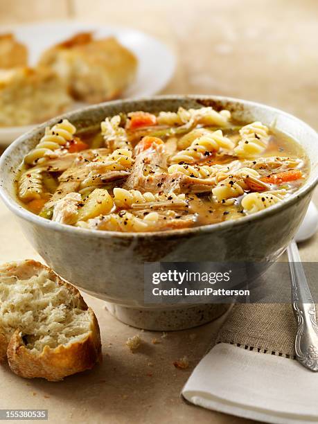 caseras turquía sopa de fideos - sopa de pollo con fideos fotografías e imágenes de stock