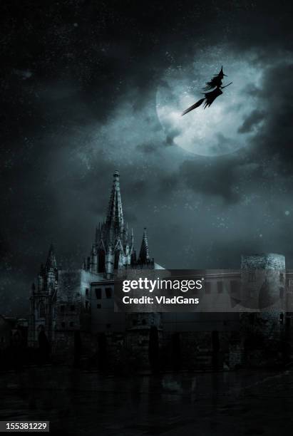 ghosts in the empty town - witch flying on broom stock pictures, royalty-free photos & images