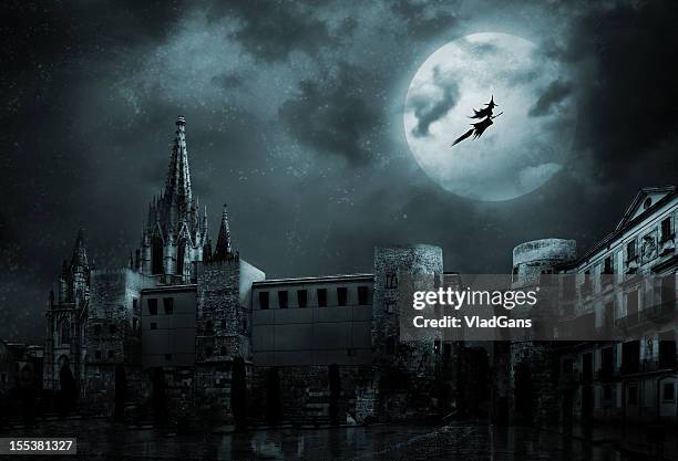 ghosts in das leere stadt - witch flying on broom stock-fotos und bilder