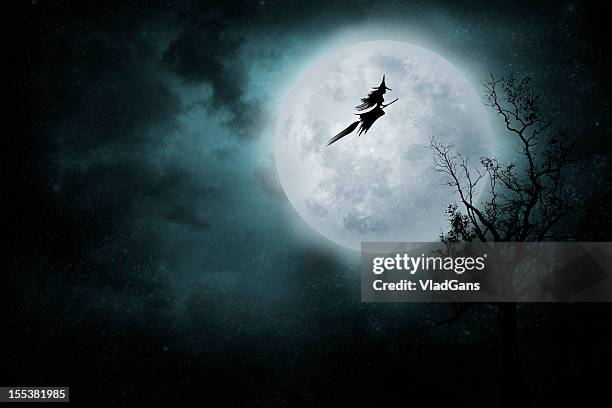 witch riding a broom - halloween moon stock pictures, royalty-free photos & images