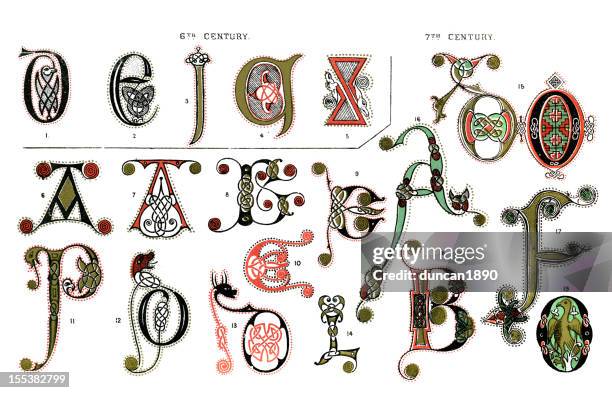medieval illuminated letters - medieval illuminated letter stock illustrations