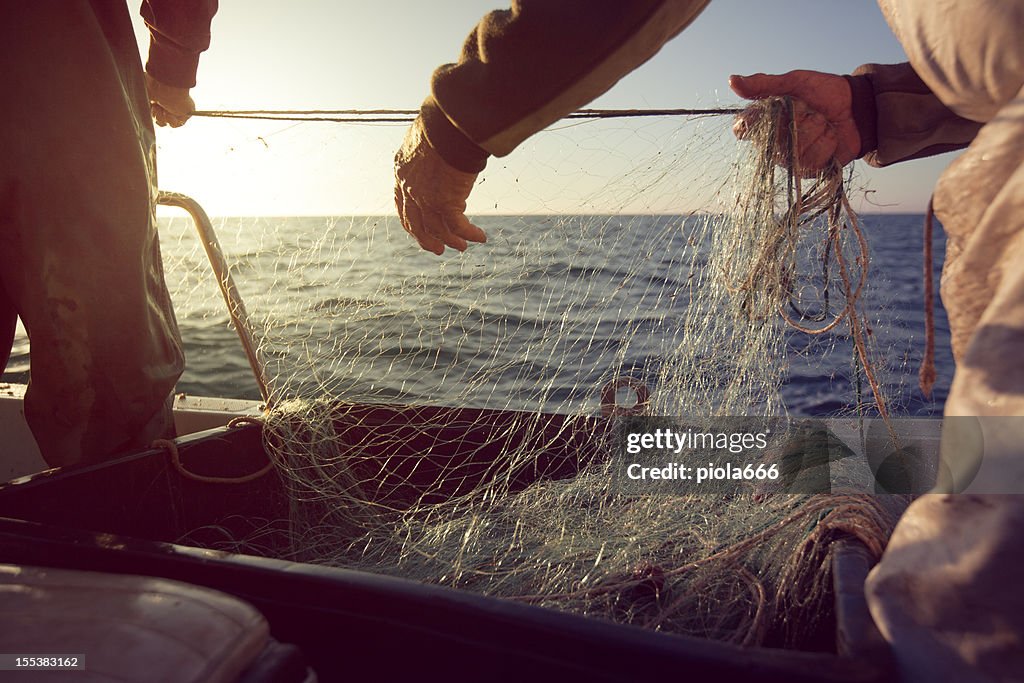 Fishermen at work, pulling the nets