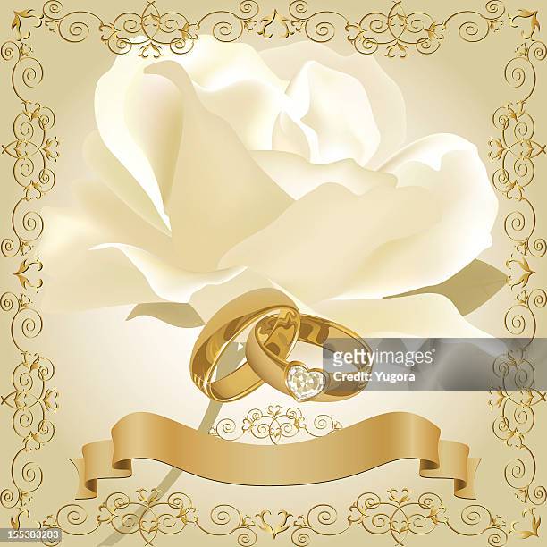 ilustrações de stock, clip art, desenhos animados e ícones de convite de casamento branco rosa e alianças de diamante dourado - rose gold