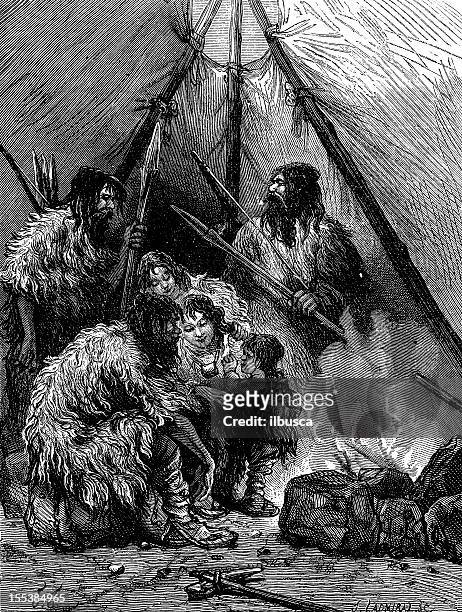 prehistoric men antique illustration - prehistoric era stock illustrations