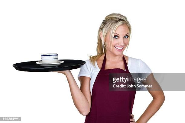 happy waitress - serving tray 個照片及圖片檔