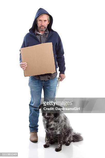 homeless man holding sign isolated on white backgroundw with dog - homeless man stock pictures, royalty-free photos & images