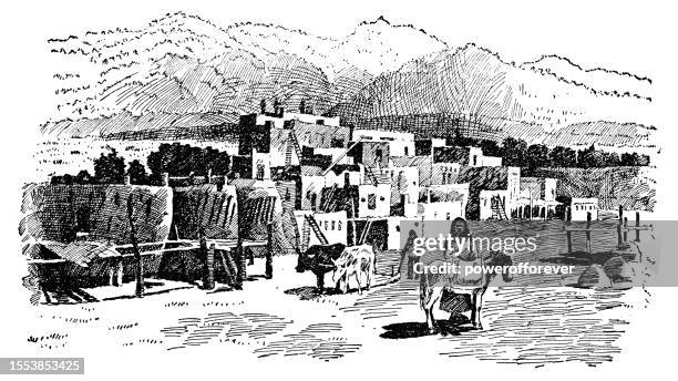 taos pueblo in taos, new mexico, united states - 19th century - puebloan peoples stock illustrations