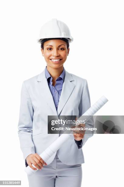 female architect holding construction plan - isolated - architect object stock pictures, royalty-free photos & images