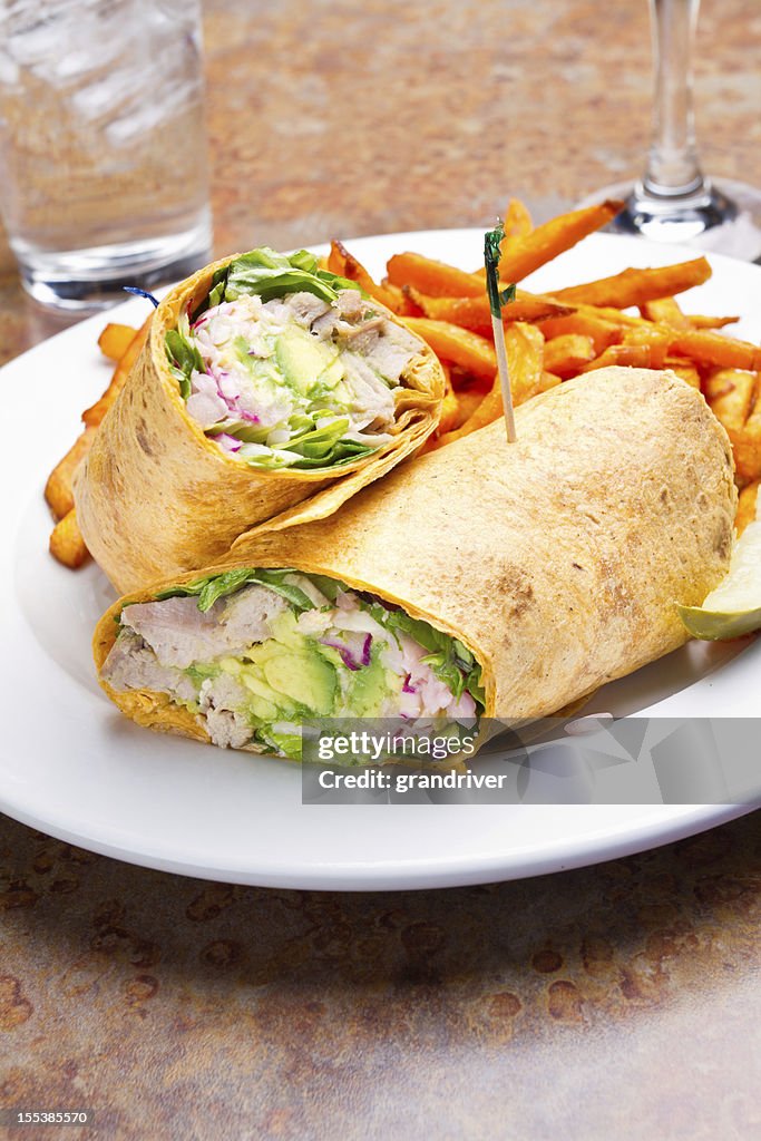 Tuna Avocado Wrap with Sweet Potato Fries