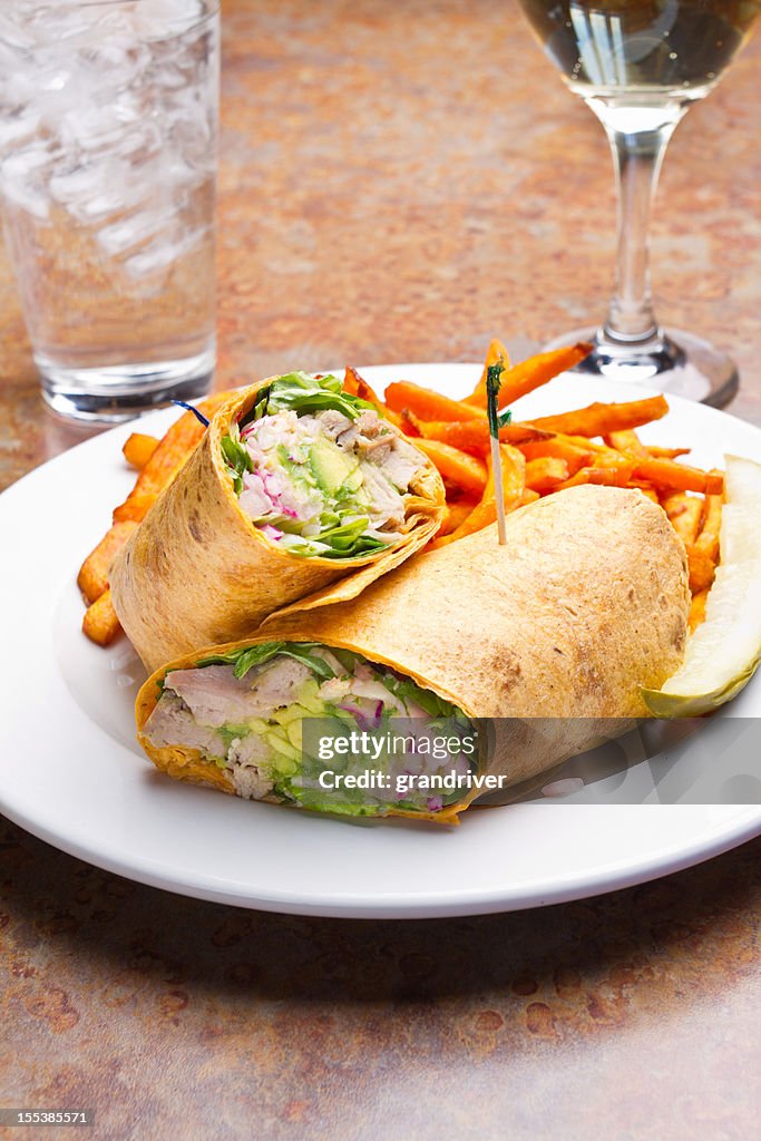 Tuna Avocado Wrap with Sweet Potato Fries