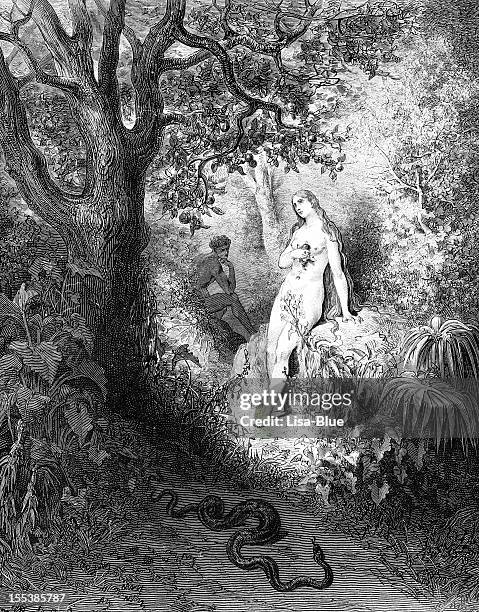 eve sedotti in serpente - adam and eve in garden of eden foto e immagini stock