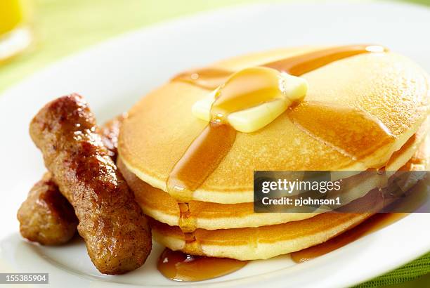 pancakes and sausage - breakfast sausage stock pictures, royalty-free photos & images