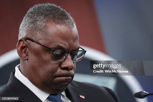 Secretary of Defense Lloyd Austin answers questions during a press briefing after participating in a virtual meeting of the Ukraine Defense Contact...