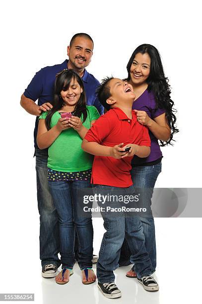 playful two parent mexican family - family white background stock pictures, royalty-free photos & images