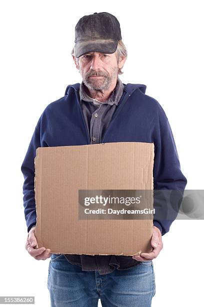 homeless man holding sign isolated on white background - beggar stock pictures, royalty-free photos & images