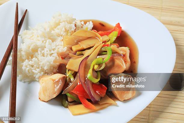 rice, meat and fried vegetables - soy sauce stock pictures, royalty-free photos & images