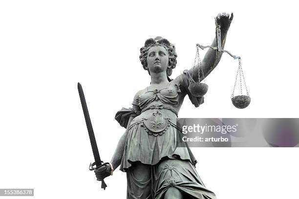 lady justice gegen weiße sky - legal trial stock-fotos und bilder