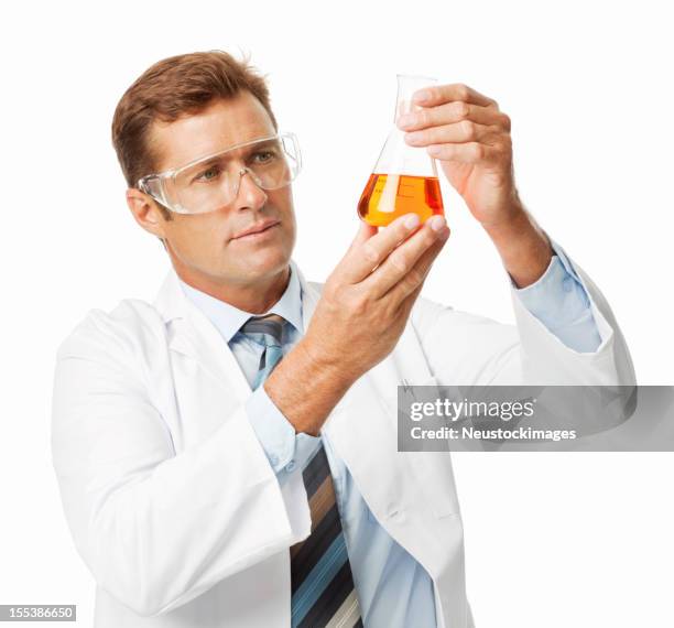 male scientist analyzing chemical solution - isolated - science white background bildbanksfoton och bilder