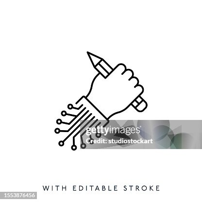 Artificial intelligence, hand with pencil line icon.Editable Stroke Artificial intelligence, hand with pencil line icon.Editable Stroke