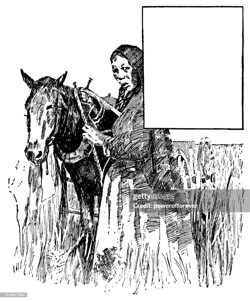 Cheyenne Indigenous Woman Unharnessing a Horse - 19th Century