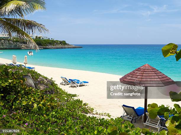 luxuriöse strand-szene mit liegestühlen und sonnenschirmen - saint martin caraibi stock-fotos und bilder