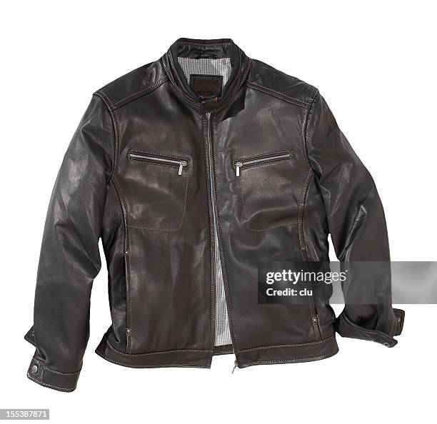 black leather jacket isolated on white - jacket pocket stock pictures, royalty-free photos & images