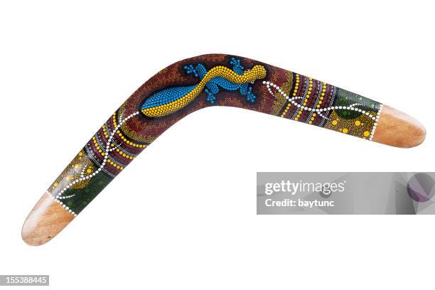 wooden boomerang pattern decorated with lizards - boomerang stock pictures, royalty-free photos & images