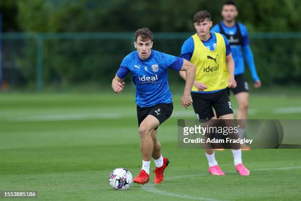 Jayson Molumby of West Bromwich Albion during a training session at West Bromwich Albion Training Ground on July 25, 2023 in Walsall, England.
