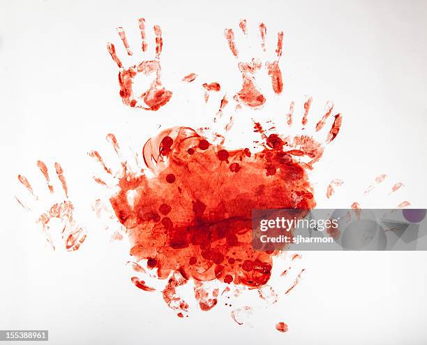 macabre blut fingerpainting, bloody handprints 3 - ugly kids stock-fotos und bilder