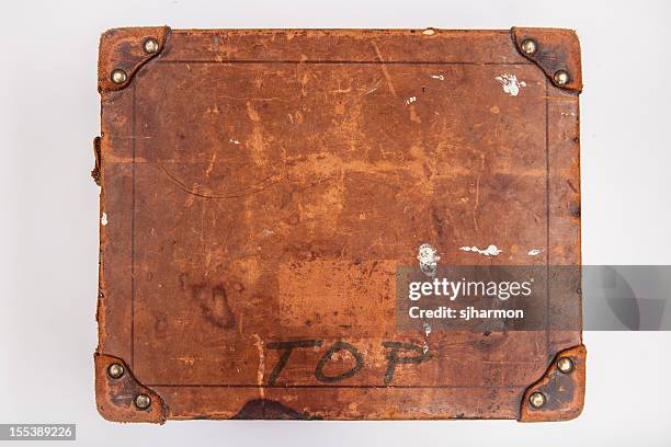 old wooden box with riveted leather corners, high angle, 4 - tool chest stock pictures, royalty-free photos & images