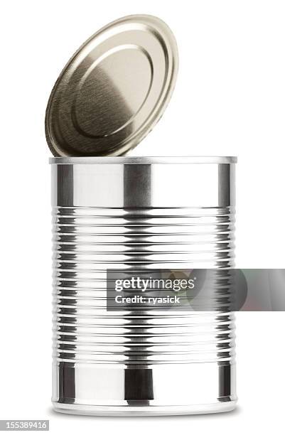 inaugurado lata de aluminio sin etiqueta aislado en blanco - tin can fotografías e imágenes de stock