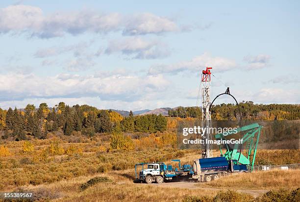 oil drilling rig in a field in alberta's oil sands region - horizontal drilling stock pictures, royalty-free photos & images