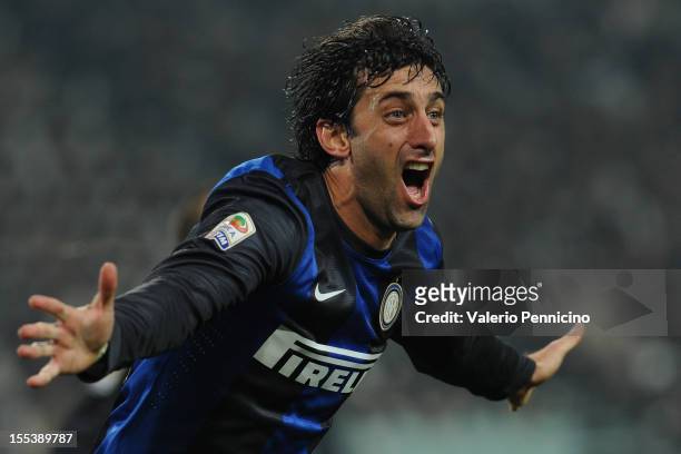 Diego Milito of FC Internazionale Milano celebrates his second goal during the Serie A match between Juventus FC and FC Internazionale Milano at...